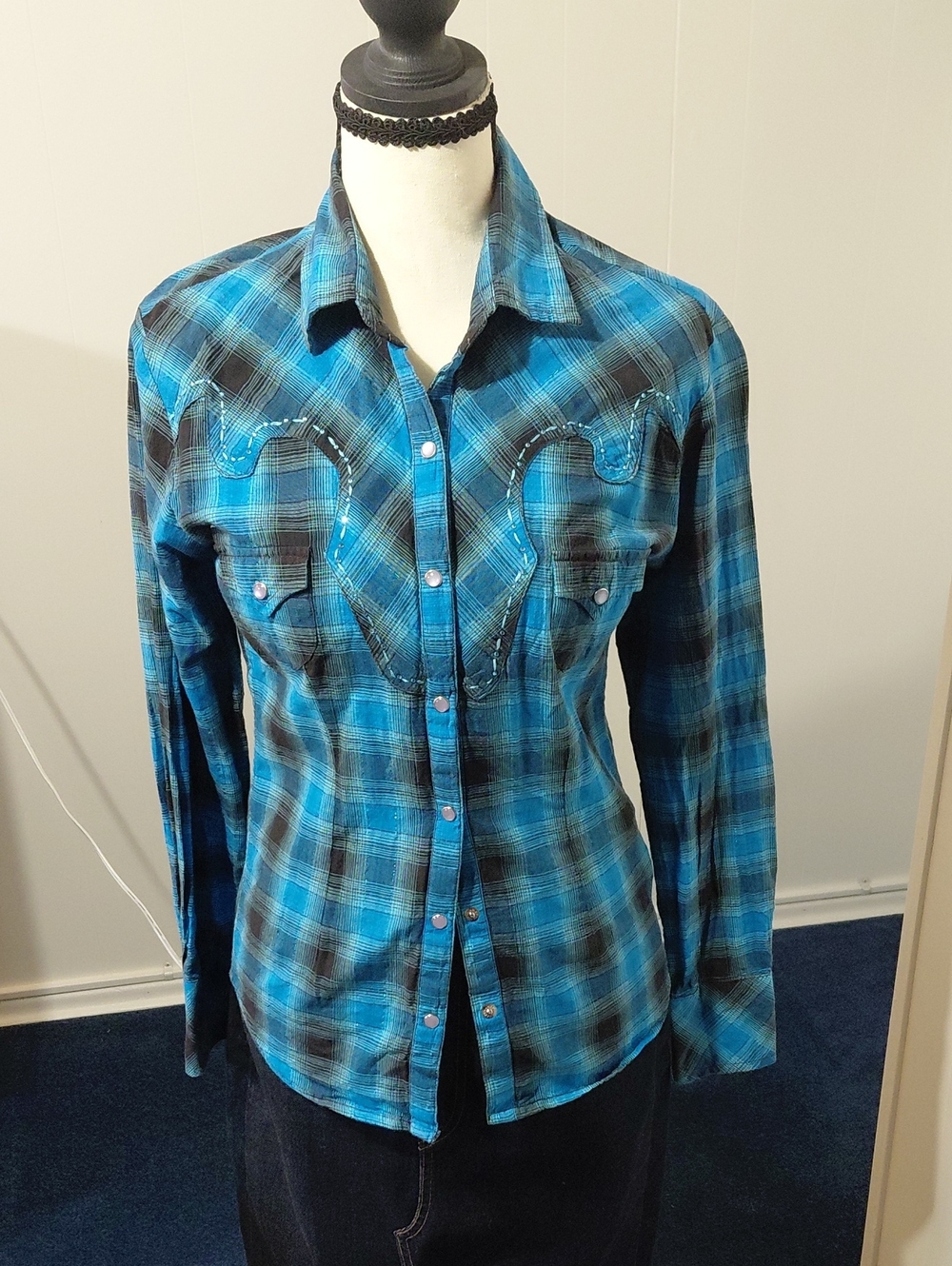 Turquoise Plaid Western Snap Shirt